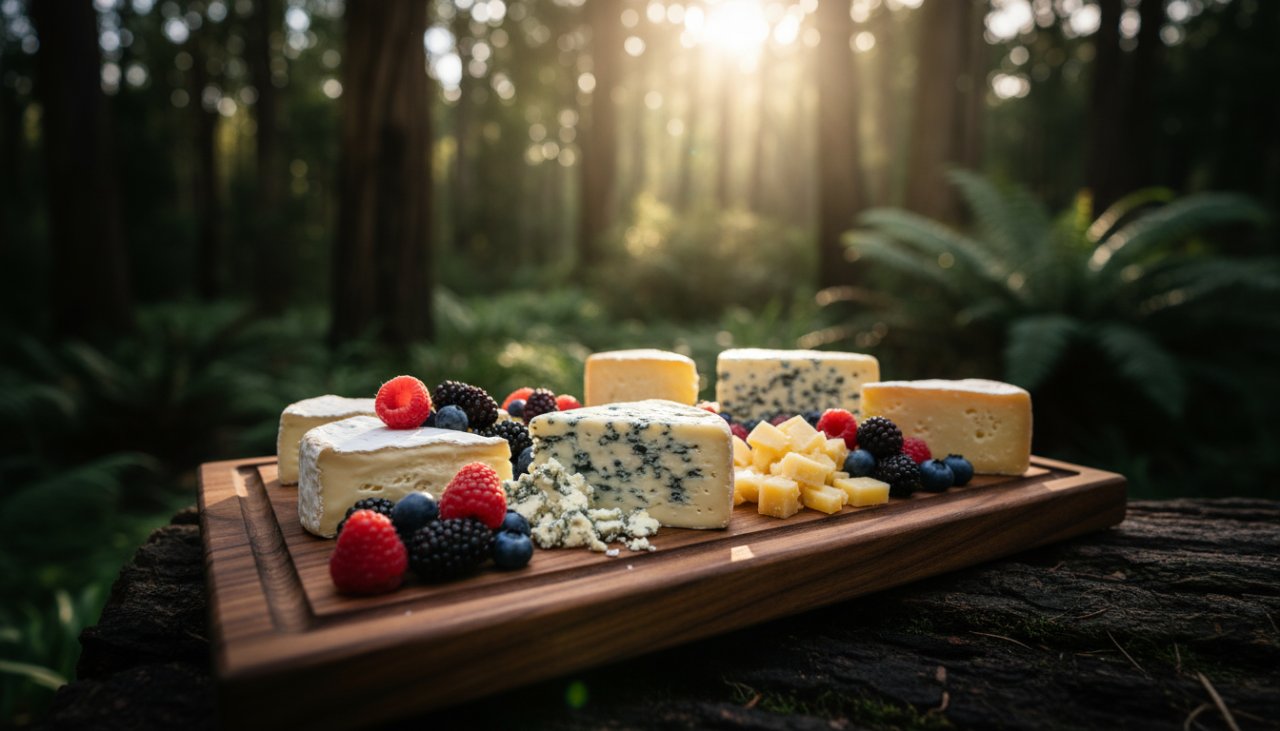 A close-up, high-dynamic-range photograph of a handcrafted wooden bowl, filled with freshly picked berries, glowing under a soft, diffused light filtering through the dense Toolangi forest canopy, embodying Toolangi artisan product photography solutions Victoria.