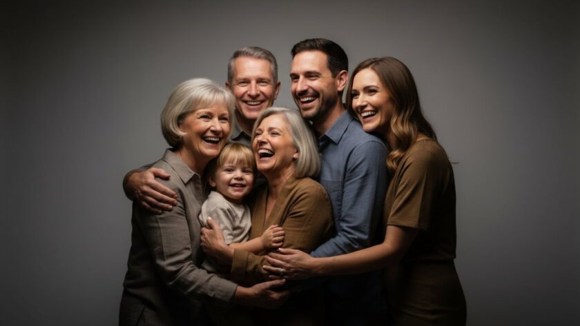 An emotionally charged studio portrait of a Toolangi family, capturing a genuine laugh between a parent and child, bathed in soft, ethereal light against a rich, dark backdrop, showcasing the warmth of Toolangi bespoke studio portrait photography.
