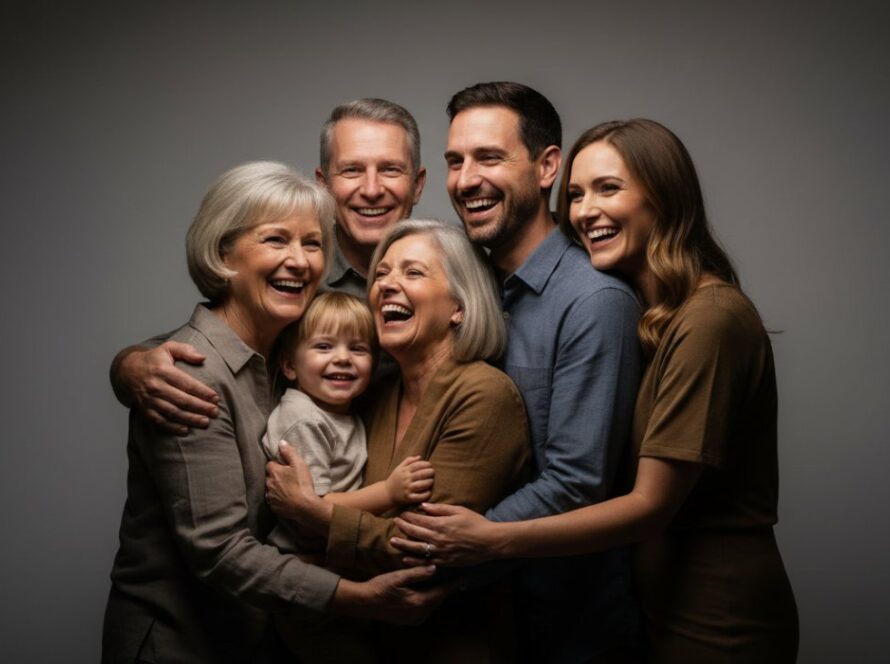 An emotionally charged studio portrait of a Toolangi family, capturing a genuine laugh between a parent and child, bathed in soft, ethereal light against a rich, dark backdrop, showcasing the warmth of Toolangi bespoke studio portrait photography.