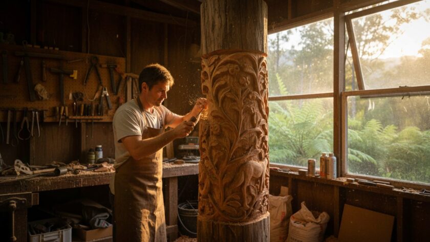 An epic moment of a local artisan meticulously crafting a wooden sculpture in their workshop, bathed in warm afternoon light, highlighting their passion and precision, perfect for Toolangi business branding photography services.