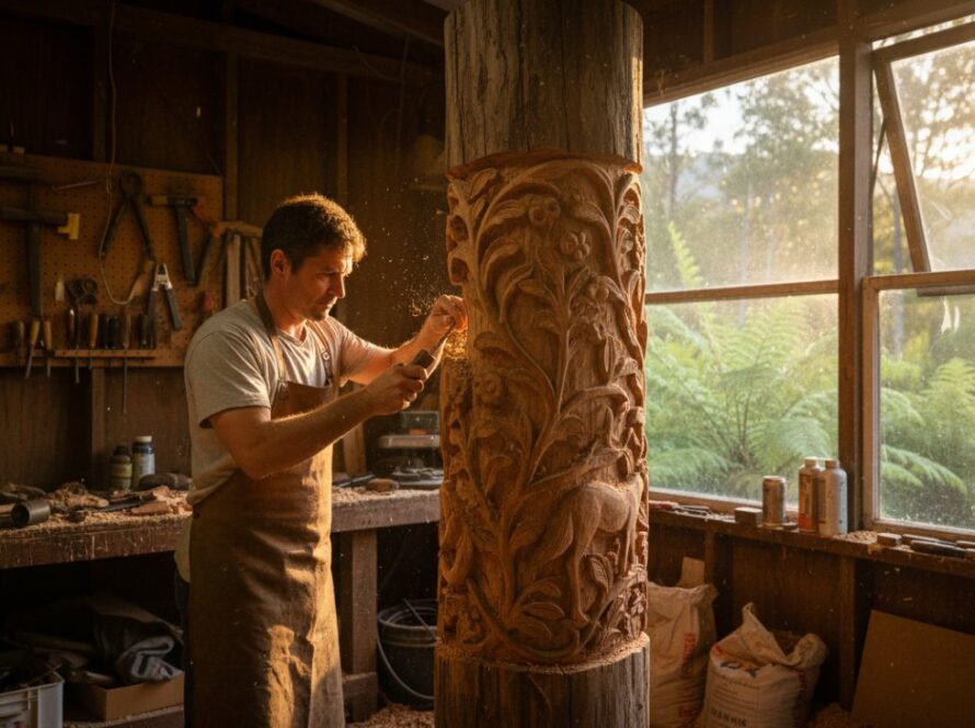 An epic moment of a local artisan meticulously crafting a wooden sculpture in their workshop, bathed in warm afternoon light, highlighting their passion and precision, perfect for Toolangi business branding photography services.