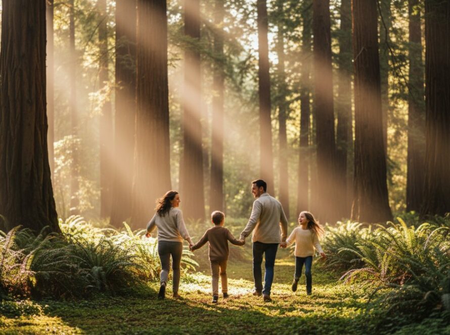 A family joyfully exploring the lush, sun-dappled forest in Toolangi, Victoria, their genuine laughter and connection beautifully captured in Toolangi candid photography authentic forest moments. The late afternoon light filters through towering trees, highlighting their relaxed interaction.