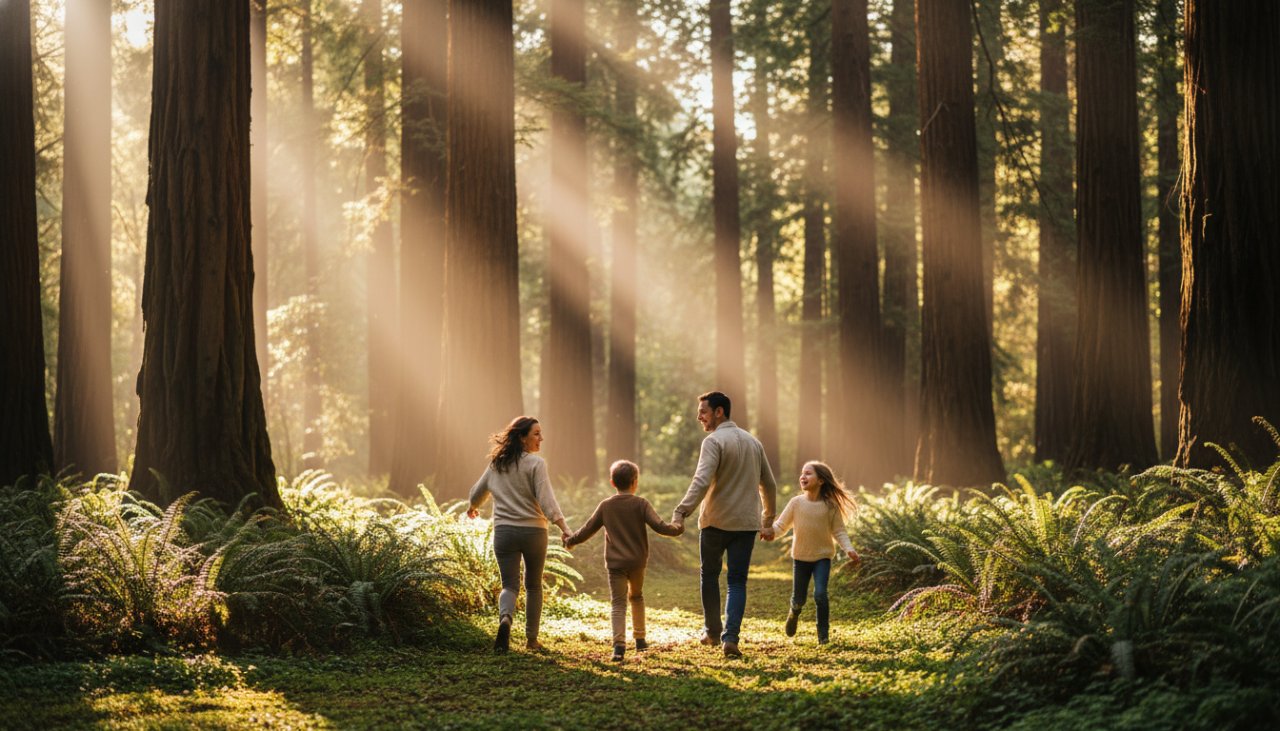 A family joyfully exploring the lush, sun-dappled forest in Toolangi, Victoria, their genuine laughter and connection beautifully captured in Toolangi candid photography authentic forest moments. The late afternoon light filters through towering trees, highlighting their relaxed interaction.