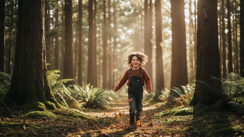 A vibrant, wide-angle 'epic moment' photograph capturing a child's pure joy amidst the towering trees and lush ferns of Toolangi, Victoria, embodying Toolangi children's forest adventure photography. The child, perhaps 6-8 years old, is laughing, arms outstretched, running towards the camera with a playful expression, backlit by dappled sunlight filtering through the canopy. The forest floor is covered in rich green moss and fallen leaves, leading the eye towards the happy child. It's a dynamic, authentic moment of childhood wonder and exploration.