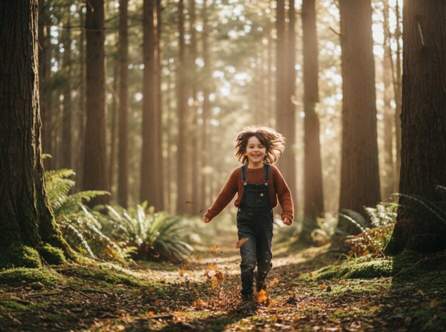 A vibrant, wide-angle 'epic moment' photograph capturing a child's pure joy amidst the towering trees and lush ferns of Toolangi, Victoria, embodying Toolangi children's forest adventure photography. The child, perhaps 6-8 years old, is laughing, arms outstretched, running towards the camera with a playful expression, backlit by dappled sunlight filtering through the canopy. The forest floor is covered in rich green moss and fallen leaves, leading the eye towards the happy child. It's a dynamic, authentic moment of childhood wonder and exploration.