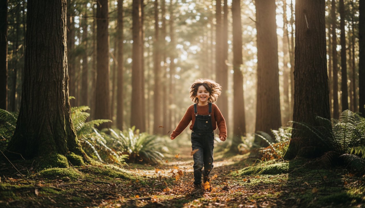 A vibrant, wide-angle 'epic moment' photograph capturing a child's pure joy amidst the towering trees and lush ferns of Toolangi, Victoria, embodying Toolangi children's forest adventure photography. The child, perhaps 6-8 years old, is laughing, arms outstretched, running towards the camera with a playful expression, backlit by dappled sunlight filtering through the canopy. The forest floor is covered in rich green moss and fallen leaves, leading the eye towards the happy child. It's a dynamic, authentic moment of childhood wonder and exploration.