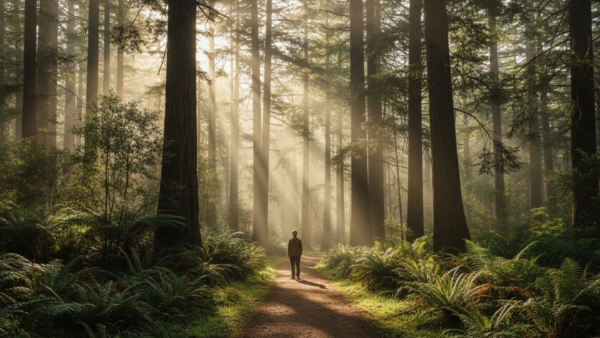An epic moment of Toolangi Fine Art Photography capturing mystical forest light, featuring a solitary figure silhouetted against a sun-drenched, misty forest path, evoking a sense of wonder and deep connection to nature.
