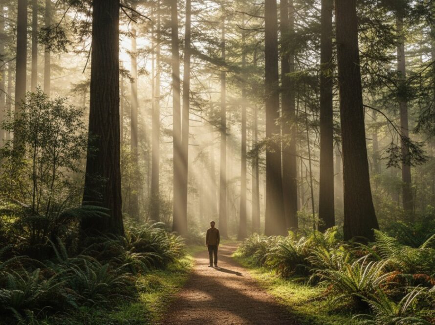 An epic moment of Toolangi Fine Art Photography capturing mystical forest light, featuring a solitary figure silhouetted against a sun-drenched, misty forest path, evoking a sense of wonder and deep connection to nature.