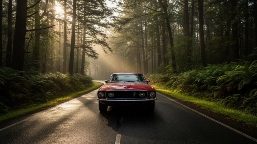 An epic moment captured during a Toolangi Forest classic car photoshoot Victoria, featuring a vintage muscle car gleaming under dappled sunlight on a winding forest road, with mist rising from the trees in the background, conveying power and timeless elegance.