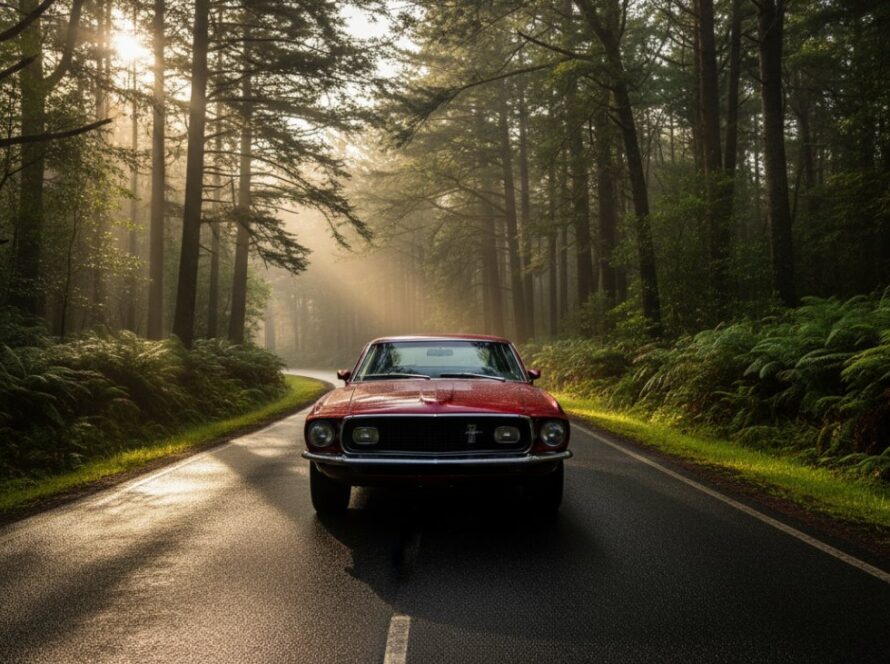 An epic moment captured during a Toolangi Forest classic car photoshoot Victoria, featuring a vintage muscle car gleaming under dappled sunlight on a winding forest road, with mist rising from the trees in the background, conveying power and timeless elegance.