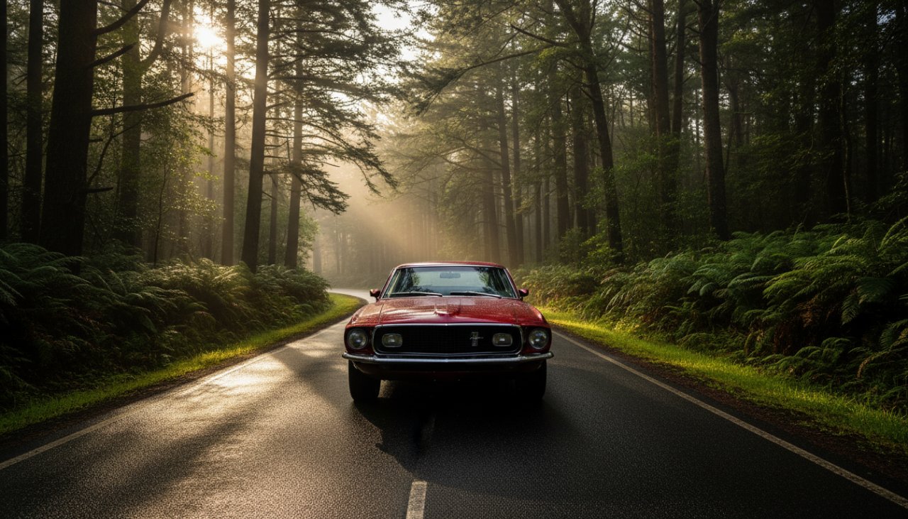 An epic moment captured during a Toolangi Forest classic car photoshoot Victoria, featuring a vintage muscle car gleaming under dappled sunlight on a winding forest road, with mist rising from the trees in the background, conveying power and timeless elegance.
