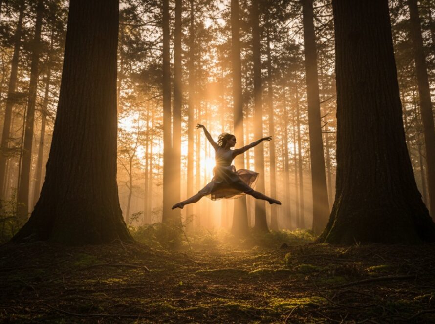 An ethereal moment of Toolangi forest contemporary dance photography, featuring a dancer poised gracefully amidst towering gum trees, golden hour light filtering through the canopy, capturing fluid movement in a serene natural setting.