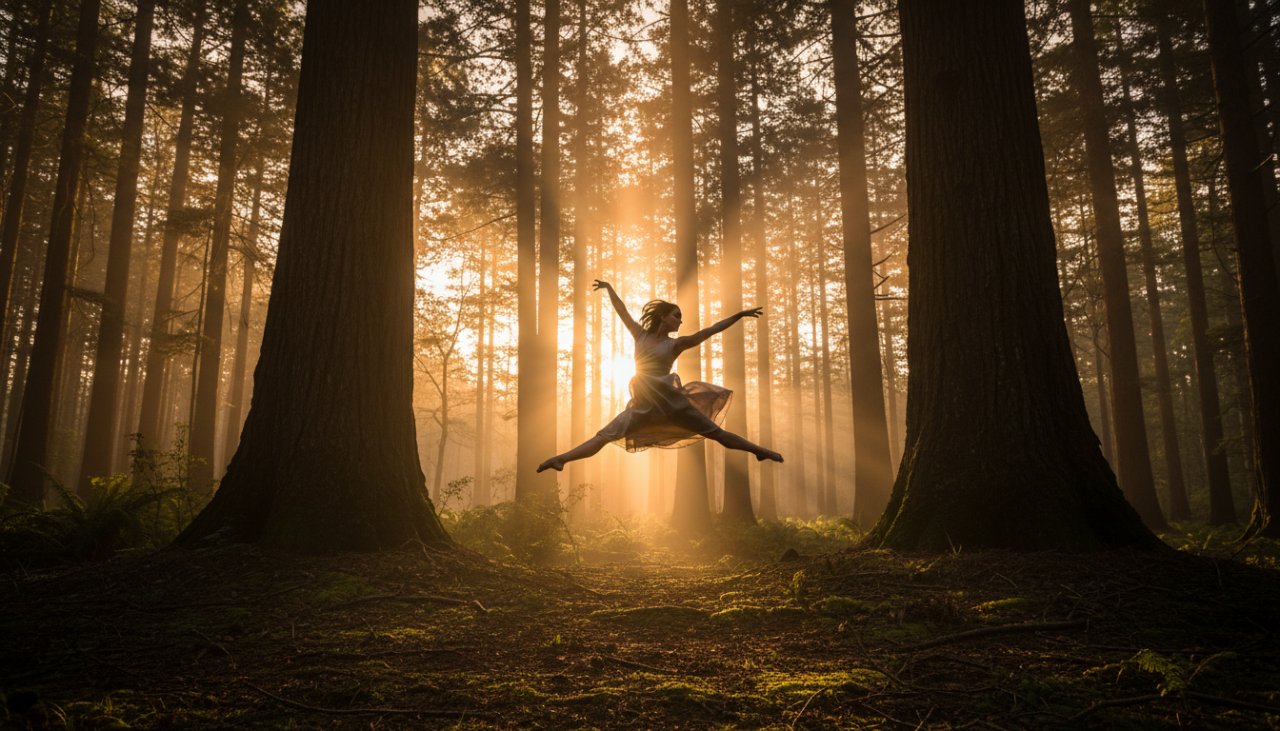 An ethereal moment of Toolangi forest contemporary dance photography, featuring a dancer poised gracefully amidst towering gum trees, golden hour light filtering through the canopy, capturing fluid movement in a serene natural setting.