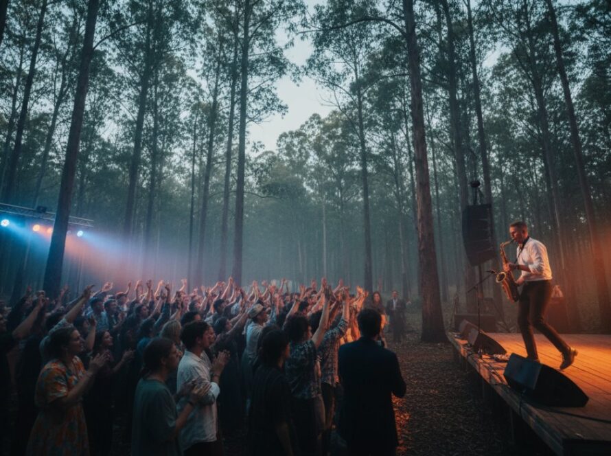 Dynamic shot of a musician bathed in warm stage lights during Toolangi forest gig photography Melbourne, capturing an intense vocal performance with the audience cheering in the foreground.