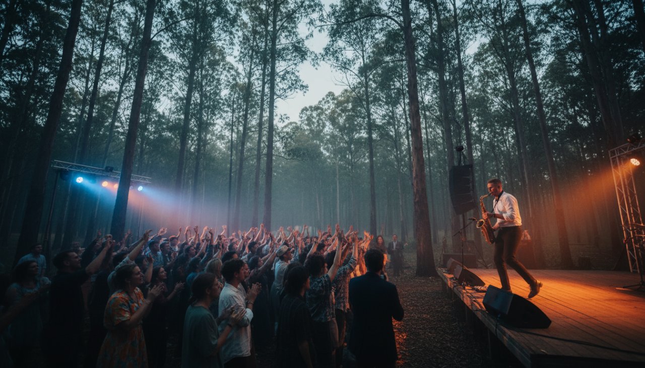 Dynamic shot of a musician bathed in warm stage lights during Toolangi forest gig photography Melbourne, capturing an intense vocal performance with the audience cheering in the foreground.