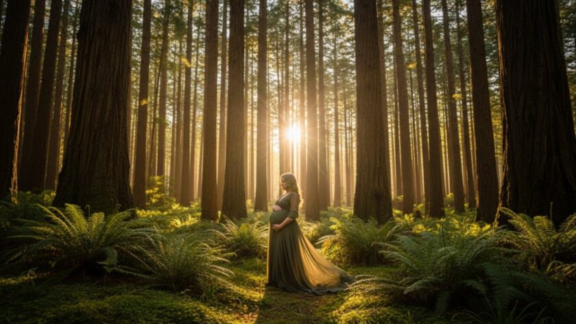 An epic moment photograph of a pregnant woman glowing softly, standing amidst the towering eucalyptus trees and fern undergrowth of Toolangi forest, Victoria, bathed in a golden hour light filtering through the canopy, embodying Toolangi forest maternity photography Victoria.