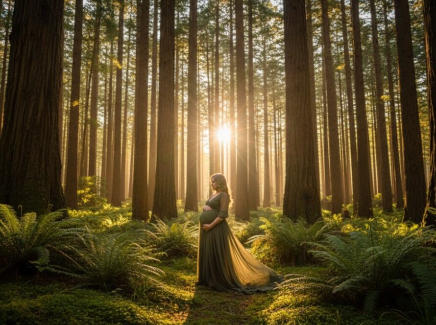 An epic moment photograph of a pregnant woman glowing softly, standing amidst the towering eucalyptus trees and fern undergrowth of Toolangi forest, Victoria, bathed in a golden hour light filtering through the canopy, embodying Toolangi forest maternity photography Victoria.