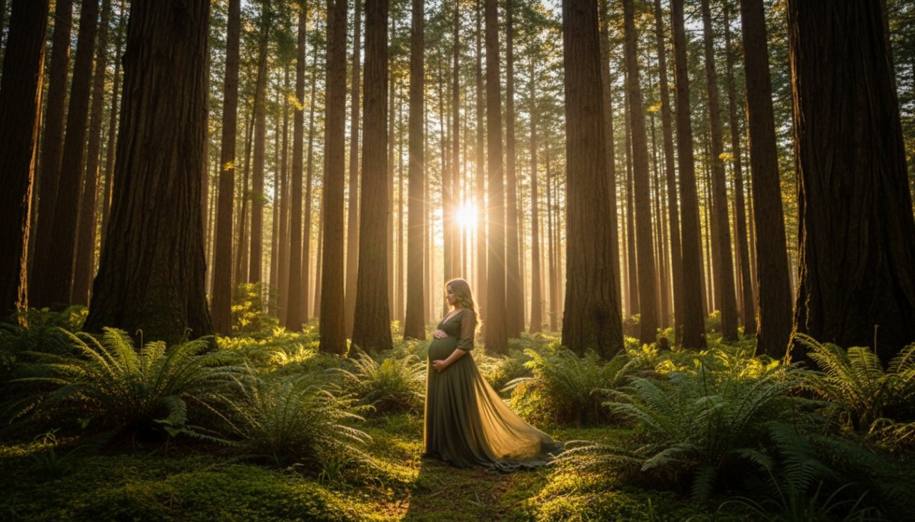 An epic moment photograph of a pregnant woman glowing softly, standing amidst the towering eucalyptus trees and fern undergrowth of Toolangi forest, Victoria, bathed in a golden hour light filtering through the canopy, embodying Toolangi forest maternity photography Victoria.