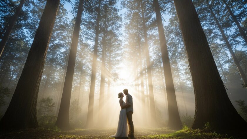 A couple embracing passionately amidst the ethereal, mist-shrouded tall trees of Toolangi Forest during their Toolangi forest pre-wedding photography adventure, bathed in soft, golden hour light, captured in an epic, cinematic wide shot.