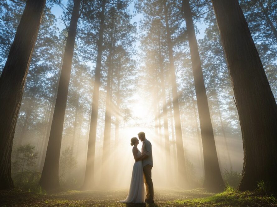 A couple embracing passionately amidst the ethereal, mist-shrouded tall trees of Toolangi Forest during their Toolangi forest pre-wedding photography adventure, bathed in soft, golden hour light, captured in an epic, cinematic wide shot.