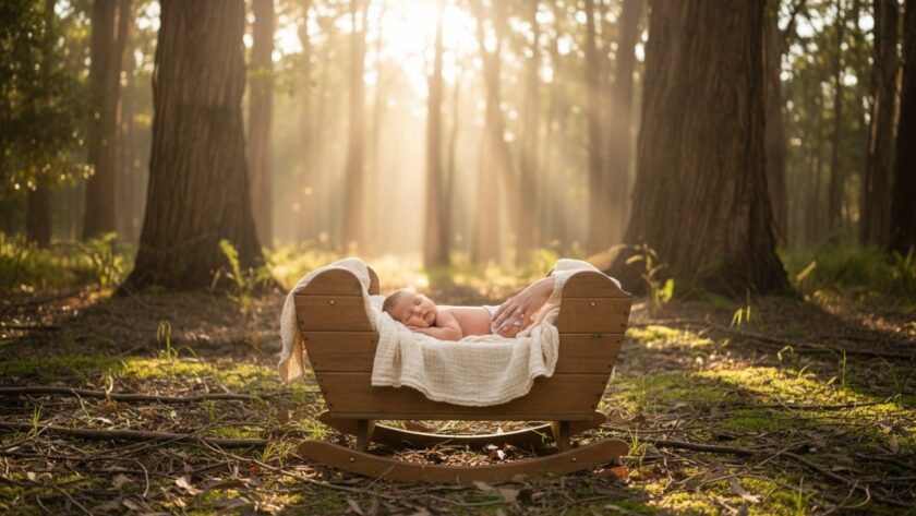 A serene wide shot capturing Toolangi newborn photography rustic charm, featuring a sleeping baby nestled safely in a vintage wooden bassinet, bathed in soft, natural light filtering through tall, ancient gum trees in a Toolangi forest clearing, evoking a magical, timeless 'epic moment'.