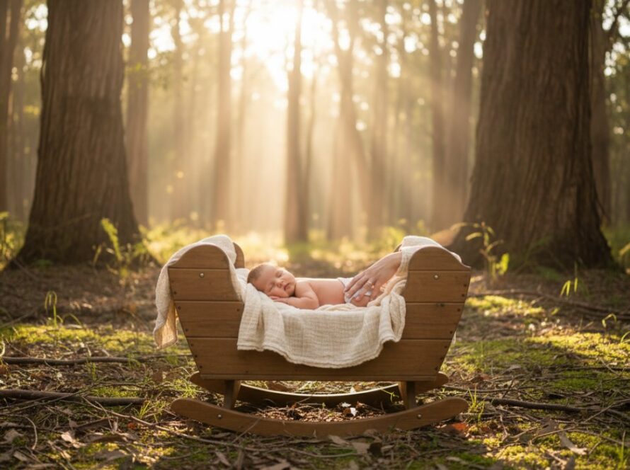 A serene wide shot capturing Toolangi newborn photography rustic charm, featuring a sleeping baby nestled safely in a vintage wooden bassinet, bathed in soft, natural light filtering through tall, ancient gum trees in a Toolangi forest clearing, evoking a magical, timeless 'epic moment'.