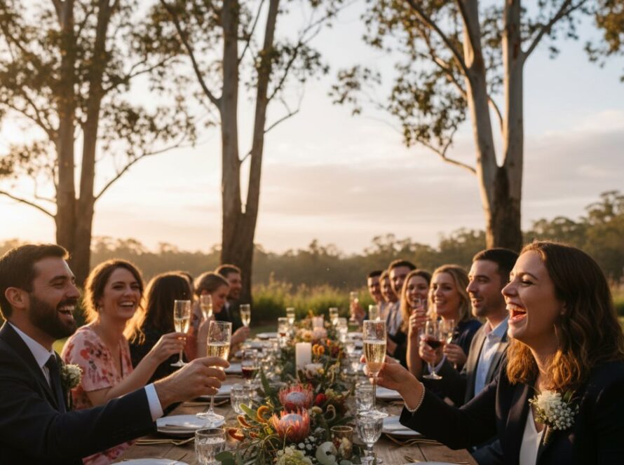 An epic, emotionally resonant photograph capturing authentic joy at an outdoor event in Toolangi, Victoria, with guests laughing under towering eucalyptus trees bathed in golden hour light.