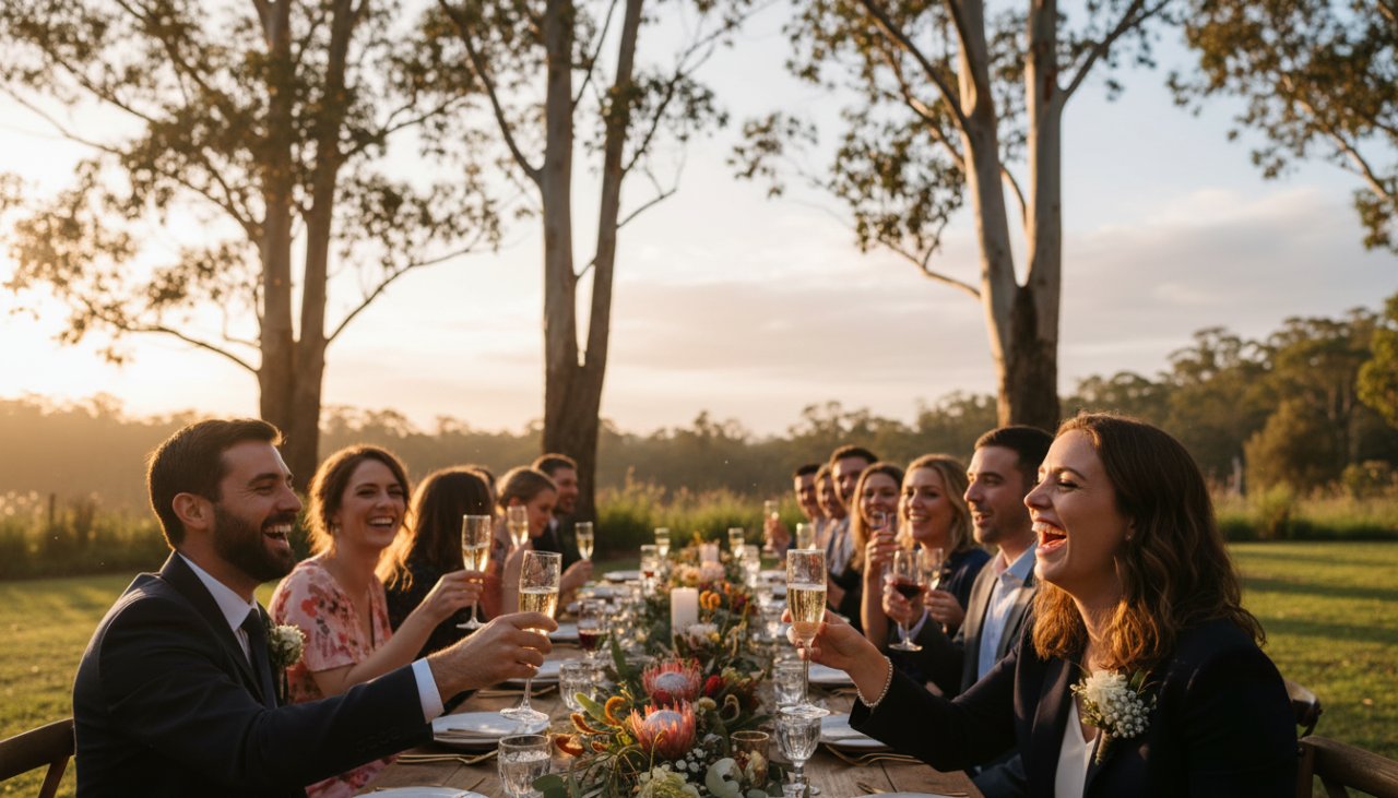 An epic, emotionally resonant photograph capturing authentic joy at an outdoor event in Toolangi, Victoria, with guests laughing under towering eucalyptus trees bathed in golden hour light.
