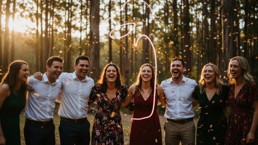 A vibrant, candid photograph capturing a group of friends laughing joyfully at a party in Toolangi, Victoria, as confetti falls around them. The focus keyphrase is Toolangi Party Photography Candid Moments Victoria.