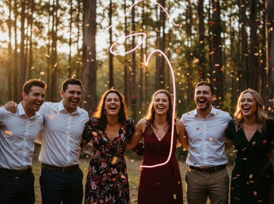 A vibrant, candid photograph capturing a group of friends laughing joyfully at a party in Toolangi, Victoria, as confetti falls around them. The focus keyphrase is Toolangi Party Photography Candid Moments Victoria.