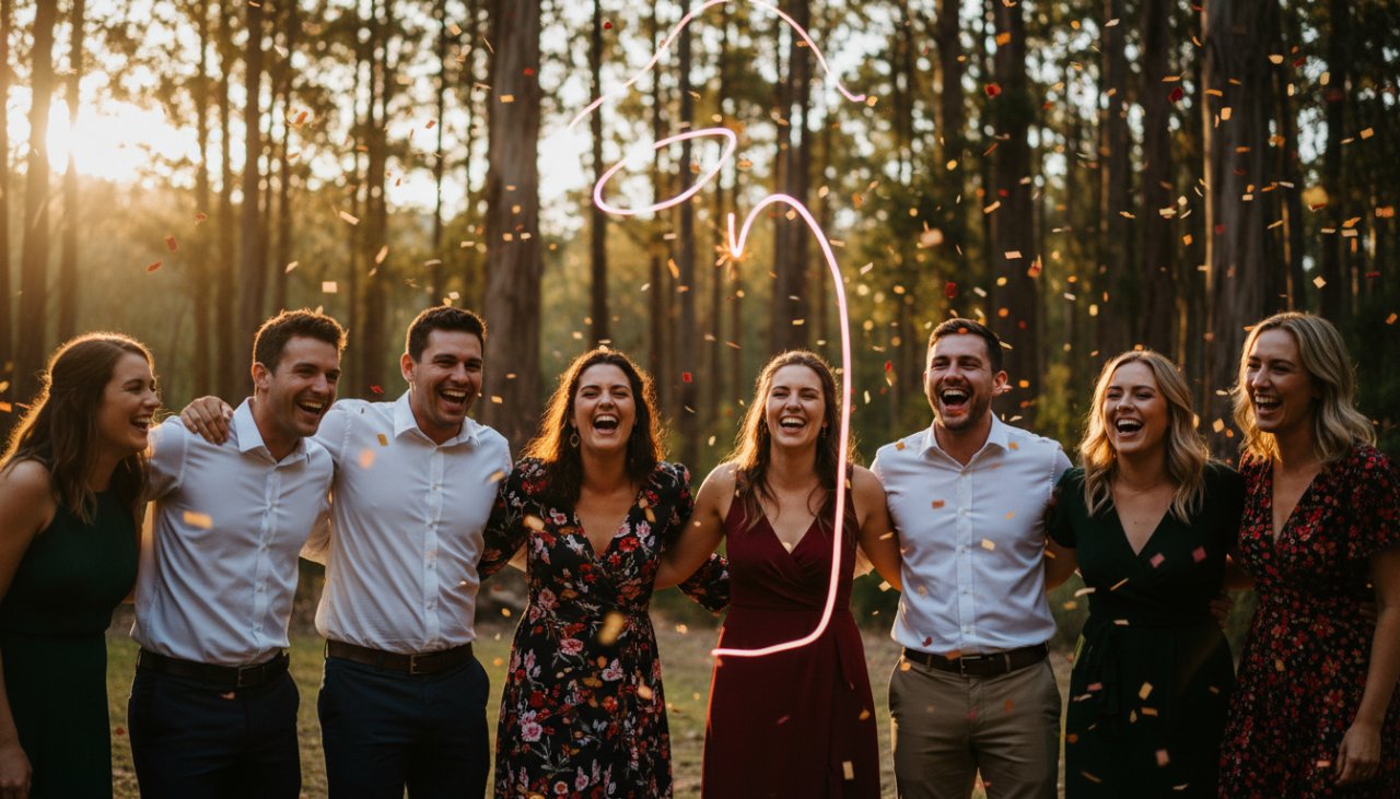 A vibrant, candid photograph capturing a group of friends laughing joyfully at a party in Toolangi, Victoria, as confetti falls around them. The focus keyphrase is Toolangi Party Photography Candid Moments Victoria.