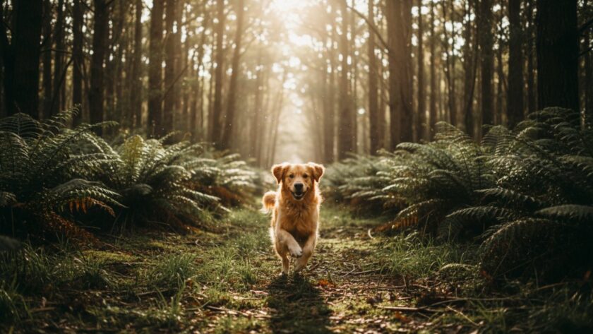 An epic moment from a Toolangi pet photography adventure session Victoria, featuring a golden retriever joyfully leaping through a sun-dappled fern forest, captured with dynamic motion blur.