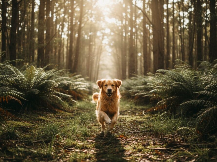 An epic moment from a Toolangi pet photography adventure session Victoria, featuring a golden retriever joyfully leaping through a sun-dappled fern forest, captured with dynamic motion blur.