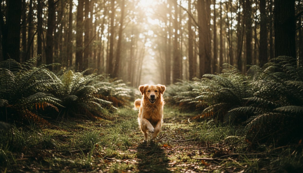 An epic moment from a Toolangi pet photography adventure session Victoria, featuring a golden retriever joyfully leaping through a sun-dappled fern forest, captured with dynamic motion blur.