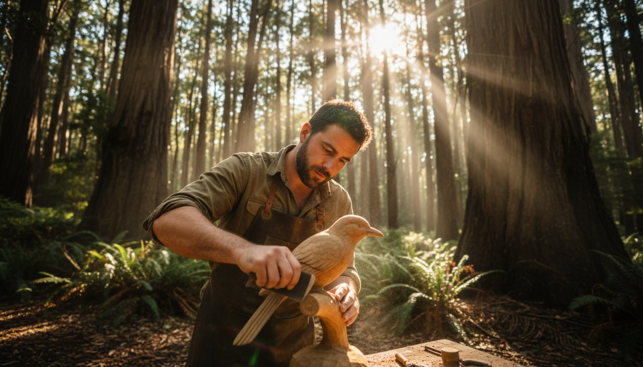 A captivating close-up shot of an artisan ceramic mug, handcrafted in Toolangi, reflecting the dappled sunlight filtering through the Dandenong Ranges, perfectly illustrating Toolangi product photography storytelling for local brands with an authentic, rustic charm.