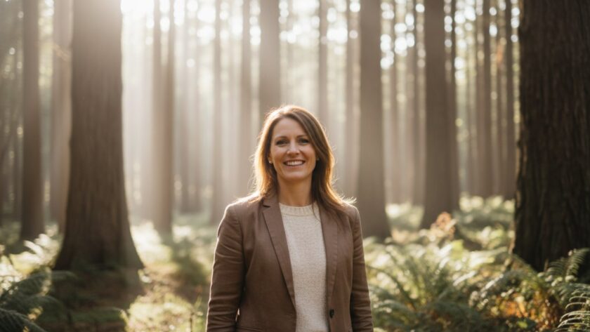 A captivating Toolangi Professional Portrait for Authentic Brand Presence, featuring a confident business professional smiling warmly amidst the lush, dappled light of Toolangi's forest, showcasing authenticity and approachability.