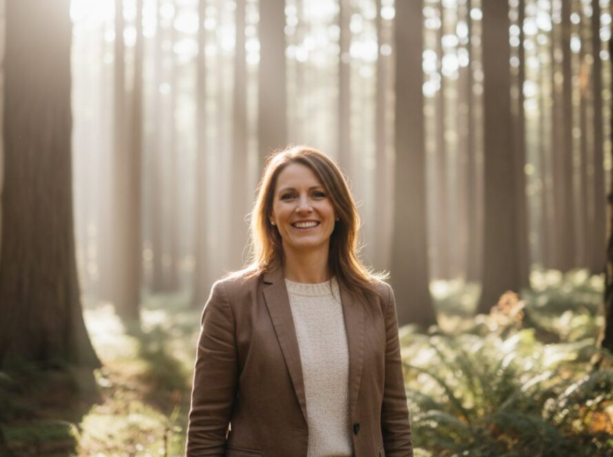 A captivating Toolangi Professional Portrait for Authentic Brand Presence, featuring a confident business professional smiling warmly amidst the lush, dappled light of Toolangi's forest, showcasing authenticity and approachability.