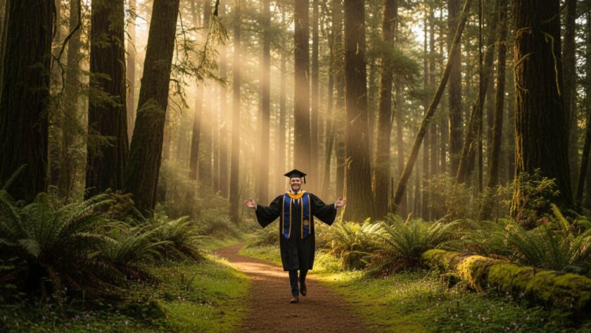 A joyous graduate, cap thrown high, silhouetted against the misty, lush green canopy of the Toolangi rainforest, celebrating their Toolangi rainforest graduation photography experience with a breathtaking view at sunset.