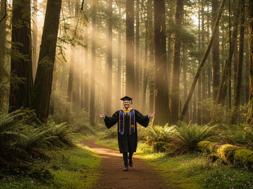 A joyous graduate, cap thrown high, silhouetted against the misty, lush green canopy of the Toolangi rainforest, celebrating their Toolangi rainforest graduation photography experience with a breathtaking view at sunset.