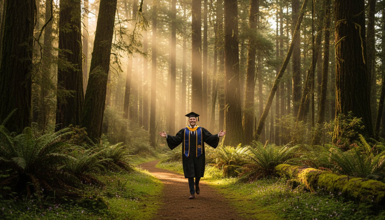 A joyous graduate, cap thrown high, silhouetted against the misty, lush green canopy of the Toolangi rainforest, celebrating their Toolangi rainforest graduation photography experience with a breathtaking view at sunset.