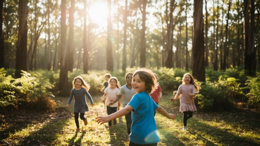 An epic moment of Toolangi school photography capturing genuine student joy, showing a group of primary school children laughing naturally amidst the lush forest backdrop of Toolangi, Victoria, their faces illuminated by warm afternoon sunlight, full of vibrant life and energy.