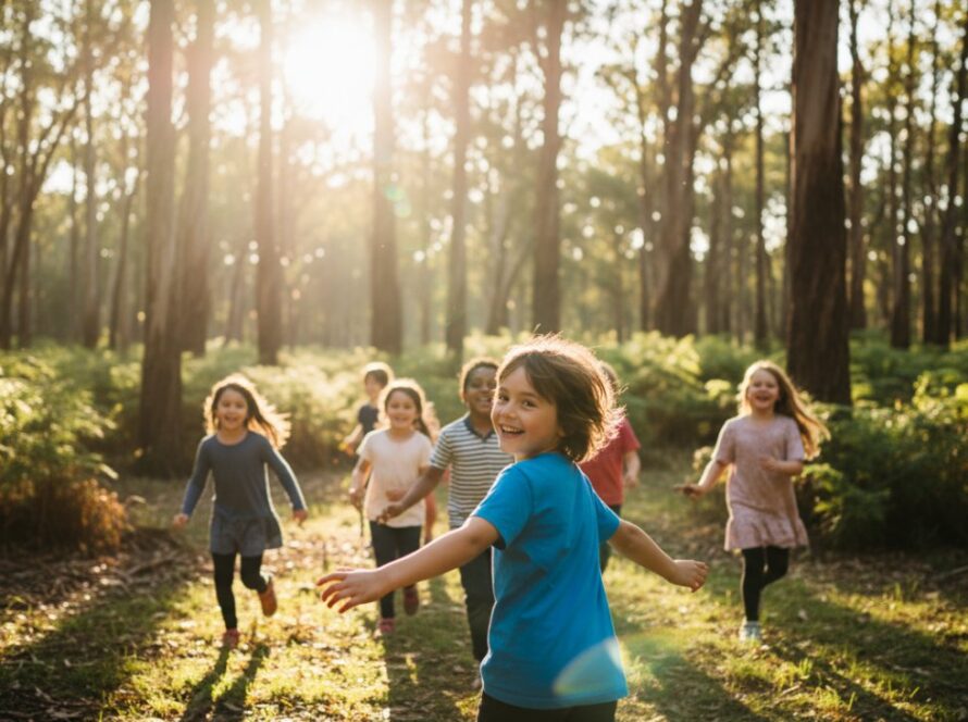 An epic moment of Toolangi school photography capturing genuine student joy, showing a group of primary school children laughing naturally amidst the lush forest backdrop of Toolangi, Victoria, their faces illuminated by warm afternoon sunlight, full of vibrant life and energy.