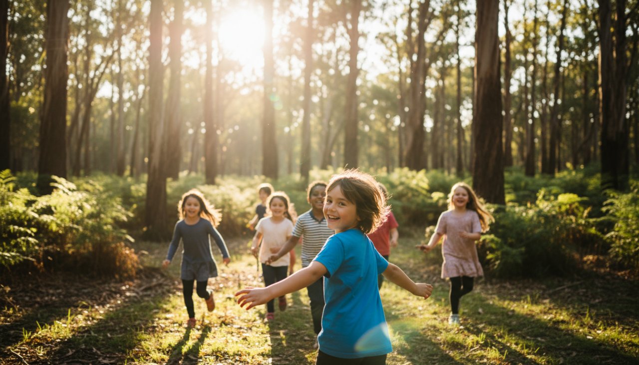 An epic moment of Toolangi school photography capturing genuine student joy, showing a group of primary school children laughing naturally amidst the lush forest backdrop of Toolangi, Victoria, their faces illuminated by warm afternoon sunlight, full of vibrant life and energy.