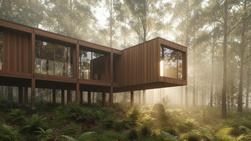 An epic moment photograph showcasing the distinctive Toolangi Timber Architecture Photography Victoria, highlighting a majestic wooden structure bathed in golden hour light within a dense, misty forest, capturing its intricate details and harmonious blend with nature.