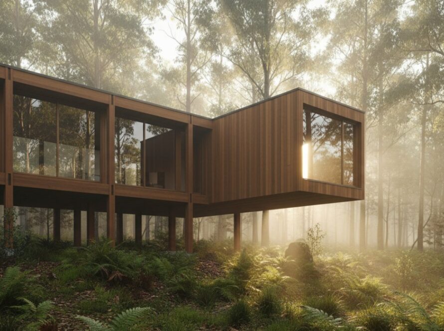 An epic moment photograph showcasing the distinctive Toolangi Timber Architecture Photography Victoria, highlighting a majestic wooden structure bathed in golden hour light within a dense, misty forest, capturing its intricate details and harmonious blend with nature.