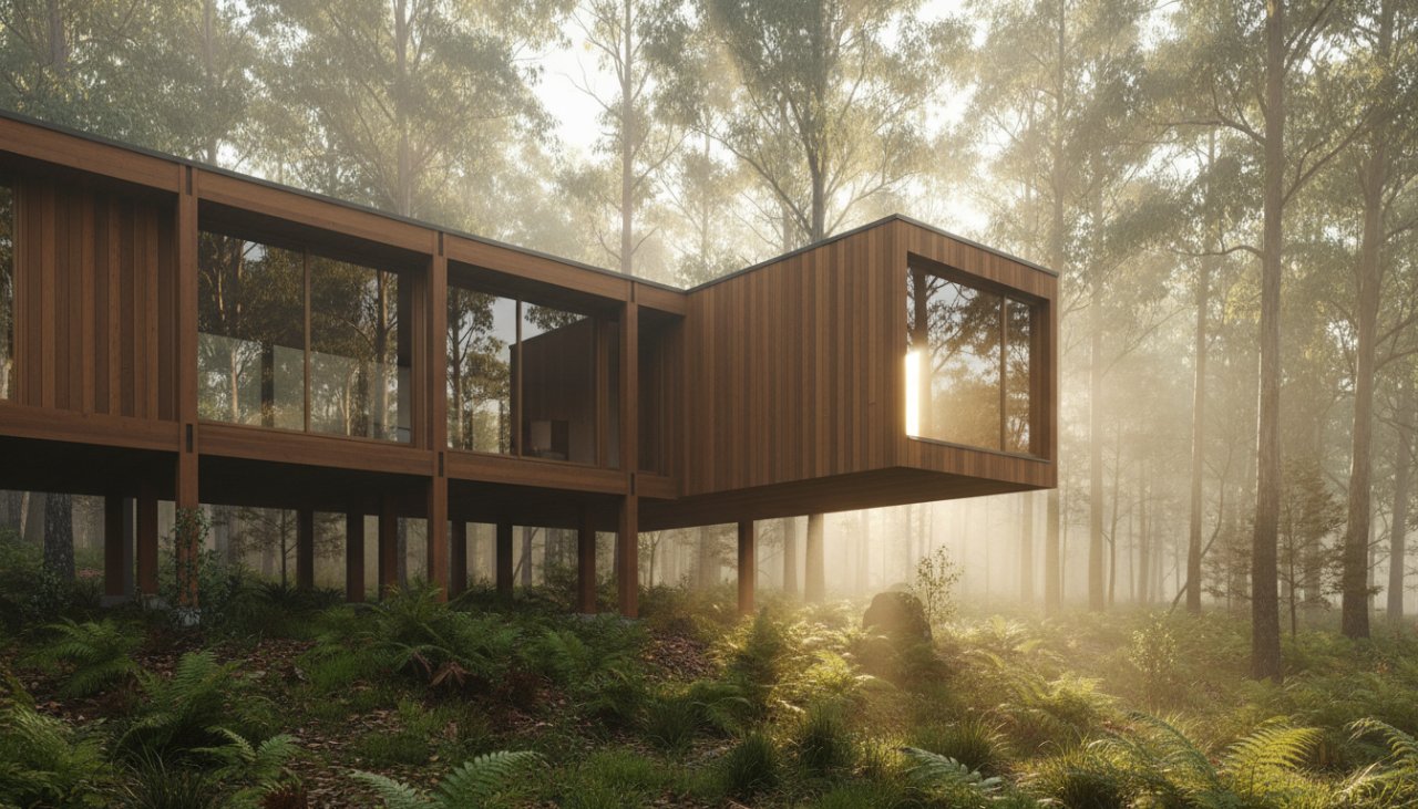 An epic moment photograph showcasing the distinctive Toolangi Timber Architecture Photography Victoria, highlighting a majestic wooden structure bathed in golden hour light within a dense, misty forest, capturing its intricate details and harmonious blend with nature.