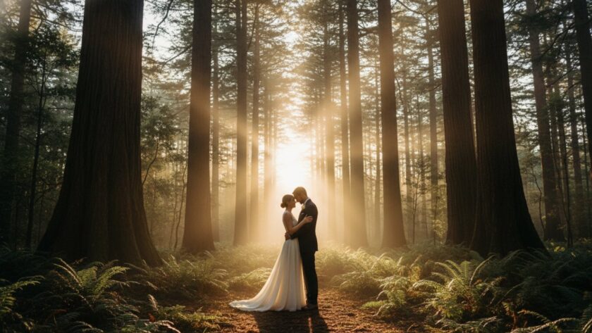 An epic moment captured during a Toolangi towering ash forest engagement photoshoot, featuring a couple embracing under the dappled light of ancient mountain ash trees at sunset, with a misty forest backdrop.