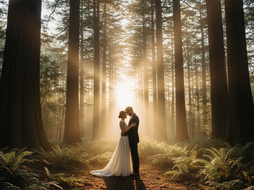 An epic moment captured during a Toolangi towering ash forest engagement photoshoot, featuring a couple embracing under the dappled light of ancient mountain ash trees at sunset, with a misty forest backdrop.