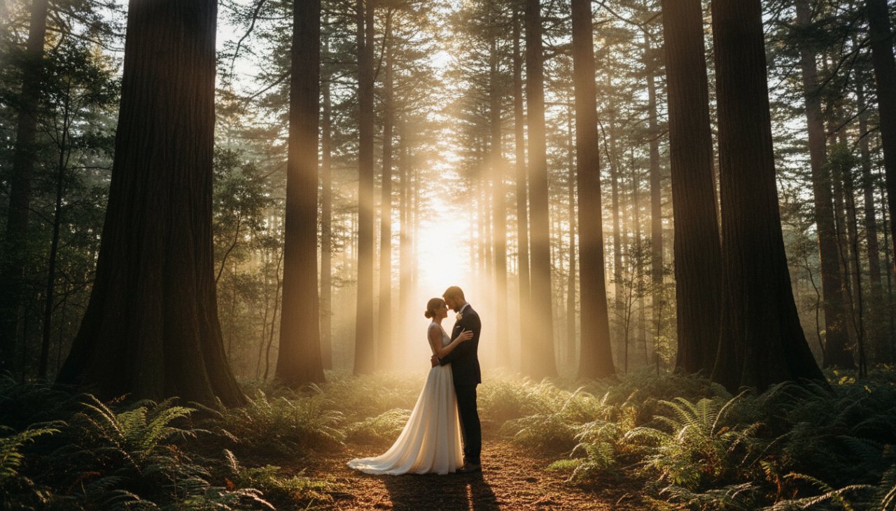 An epic moment captured during a Toolangi towering ash forest engagement photoshoot, featuring a couple embracing under the dappled light of ancient mountain ash trees at sunset, with a misty forest backdrop.