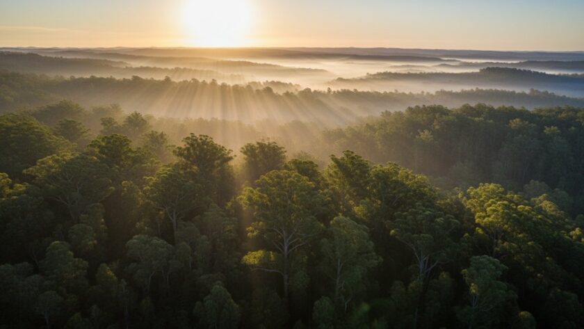 Toolangi Victoria drone photography breathtaking forest views showing a majestic, cinematic aerial shot of towering mountain ash trees piercing through a golden mist at sunrise, highlighting the lush green canopy and dramatic landscape of Toolangi State Forest.